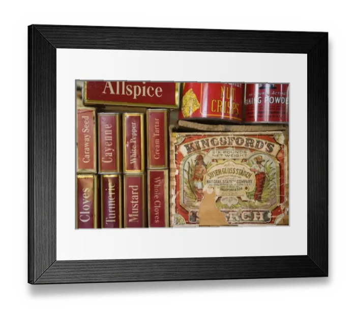 Framed Print : USA, Montana, Little Belt Mountains, Lewis and Clark NF. Close-up of vintage spice cans