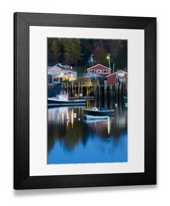 Framed Print : USA, Maine, Mount Desert. Bernard Harbor reflections at twilight Framed Print : USA, Maine, Mount Desert. Bernard Harbor reflections at twilight