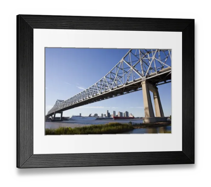 Framed Print : USA, Louisiana, New Orleans. Skyline from the Greater New Orleans Bridge and Mississippi River Framed Print : USA, Louisiana, New Orleans. Skyline from the Greater New Orleans Bridge and Mississippi River