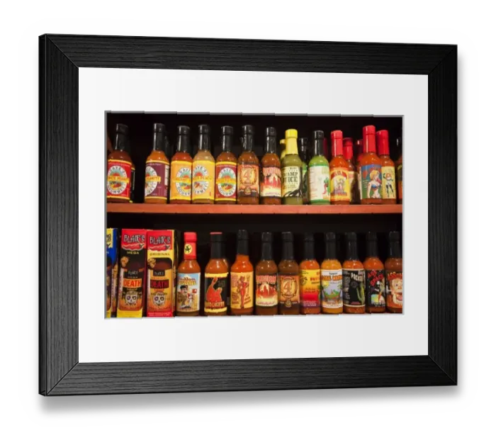 Framed Print : USA, Louisiana, New Orleans. Bottles of various hot-sauces Framed Print : USA, Louisiana, New Orleans. Bottles of various hot-sauces
