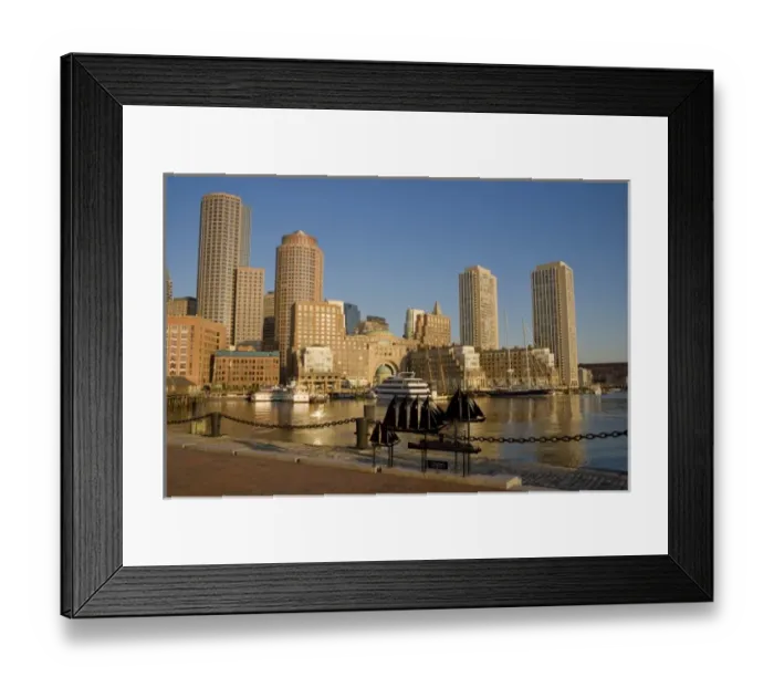 Framed Print : Sunrise on the Boston skyline from along the seawall at John Joseph Moakley Federal Courthouse