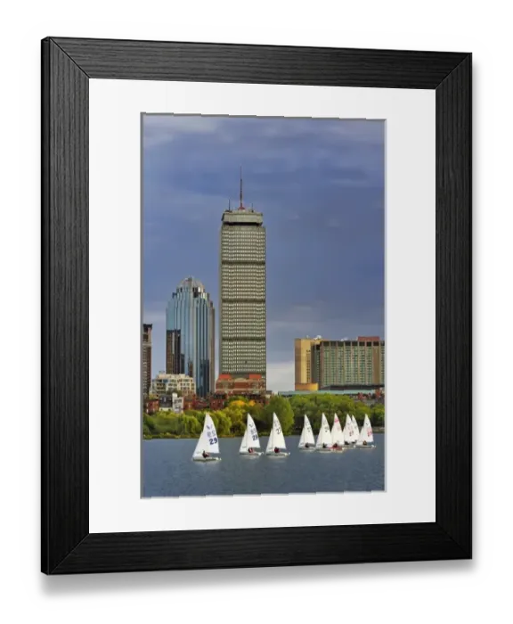 Framed Print : MIT sailing team practicing in Charles River with Boston, Massachusetts in background Framed Print : MIT sailing team practicing in Charles River with Boston, Massachusetts in background