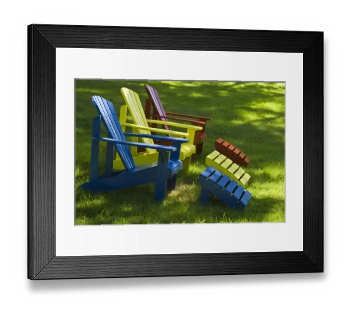 Framed Print : USA, Maine. Adirondack chairs on lawn, Mount Desert Island Framed Print : USA, Maine. Adirondack chairs on lawn, Mount Desert Island