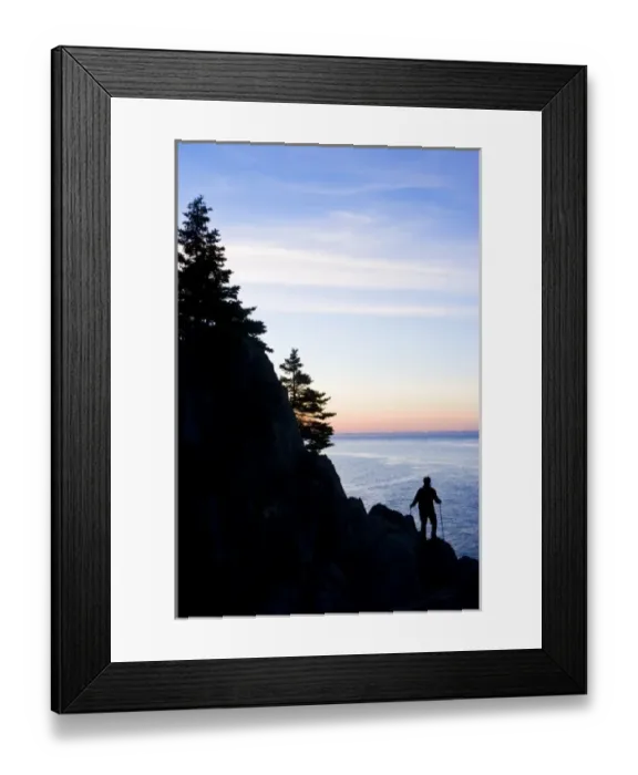 Framed Print : A lone hiker at sunrise on the Bold Coast trail in Cutler, Maine. Cutler Coast Public Reserved Land Framed Print : A lone hiker at sunrise on the Bold Coast trail in Cutler, Maine. Cutler Coast Public Reserved Land