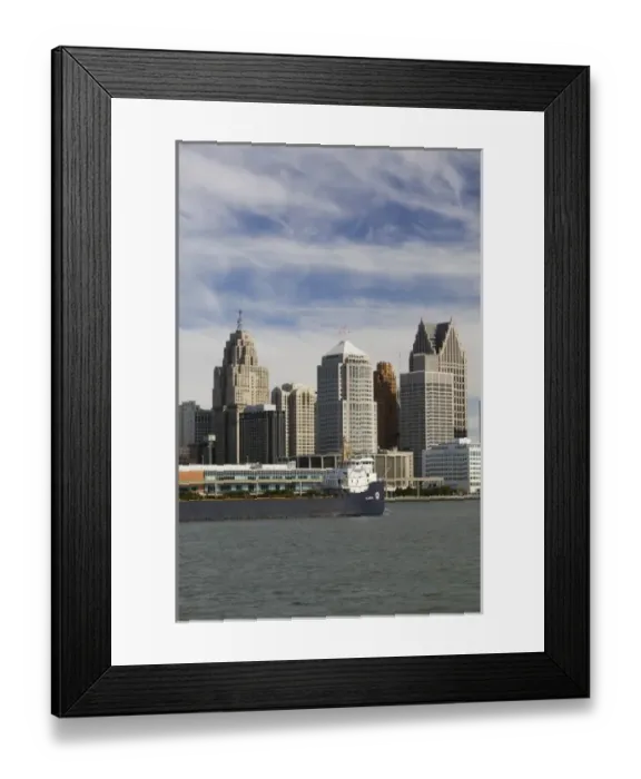 Framed Print : USA, Michigan, Detroit: City Skyline along Detroit River from Windsor Ontario, CANADA