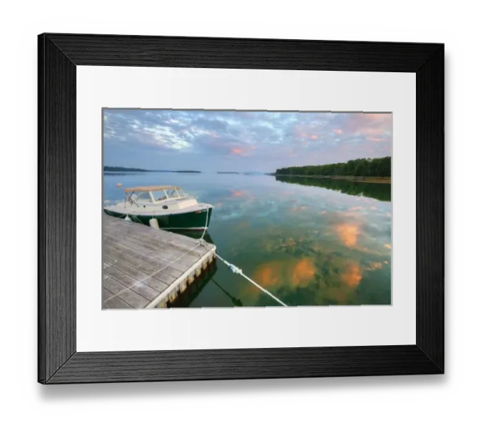 Framed Print : Small pleasure boat at dock while sunset clouds reflect in Sullivan Bay near Hancock Framed Print : Small pleasure boat at dock while sunset clouds reflect in Sullivan Bay near Hancock