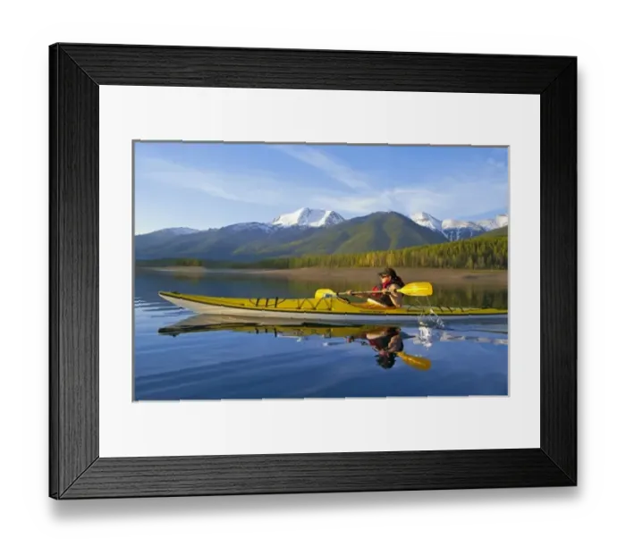 Framed Print : Kayaking on Hungry Horse Reservoir with Great Northern Mountain in background in