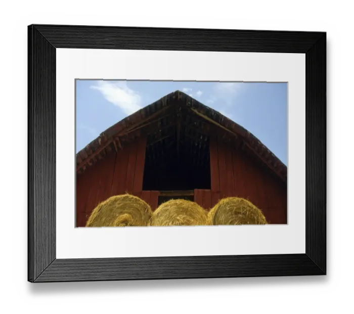 Framed Print : MO, Winona, detail of bales of hay in front of red barn (Ozarks)