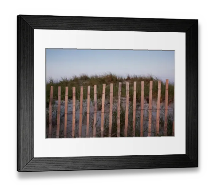 Framed Print : USA, Massachusetts, Barnstable, Fence along Cape Cod sand dunes at sunset on summer
