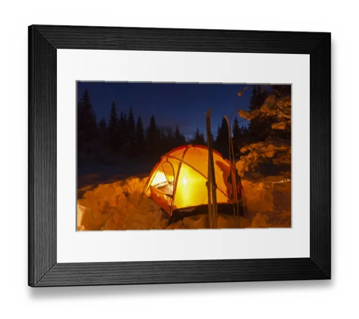 Framed Print : Tent glows at dusk during winter camping near West Glacier, Montana, USA (MR) Framed Print : Tent glows at dusk during winter camping near West Glacier, Montana, USA (MR)
