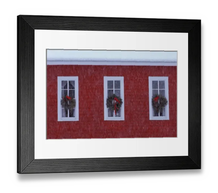 Framed Print : USA, Michigan, Three Christmas wreathes in schoolhouse windows during snowfall. Credit as Framed Print : USA, Michigan, Three Christmas wreathes in schoolhouse windows during snowfall. Credit as