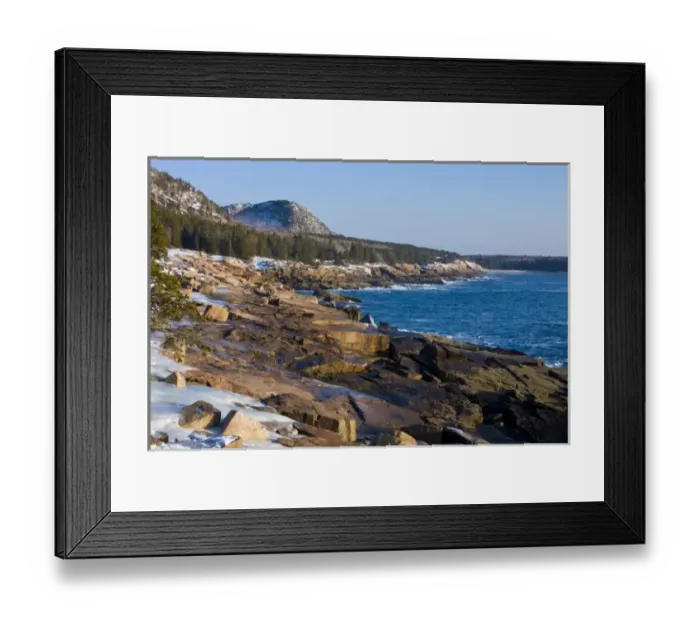 Framed Print : A winter morning on the Maine coast in Acadia National Park. Ocean Drive section of the park