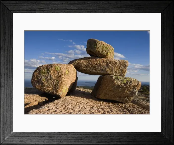 Framed Print : A rock cairn on Cadillac Mountain in Maines Acadia National Park. South Ridge Trail