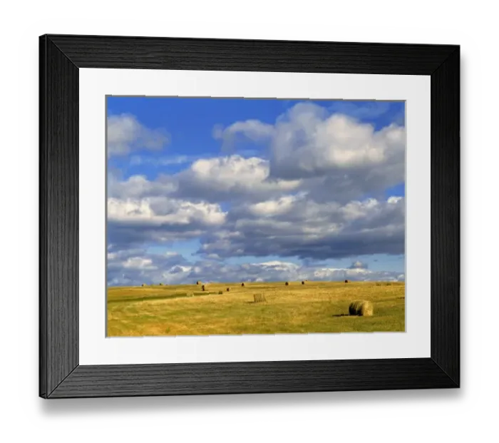 Framed Print : USA, Nebraska, Morrill County. Golden hay rolls await pick-up, under the enormous