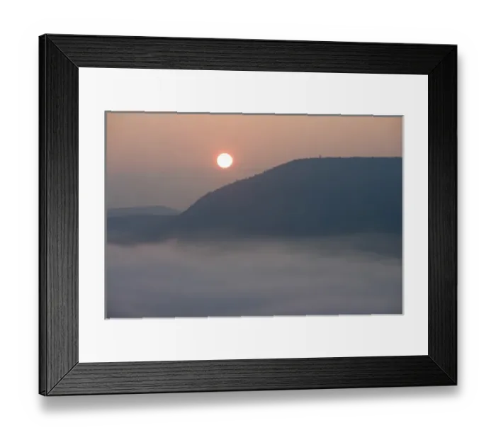 Framed Print : The sun rises above fog on the Connecticut River as seen from South Sugarloaf Mountain Framed Print : The sun rises above fog on the Connecticut River as seen from South Sugarloaf Mountain