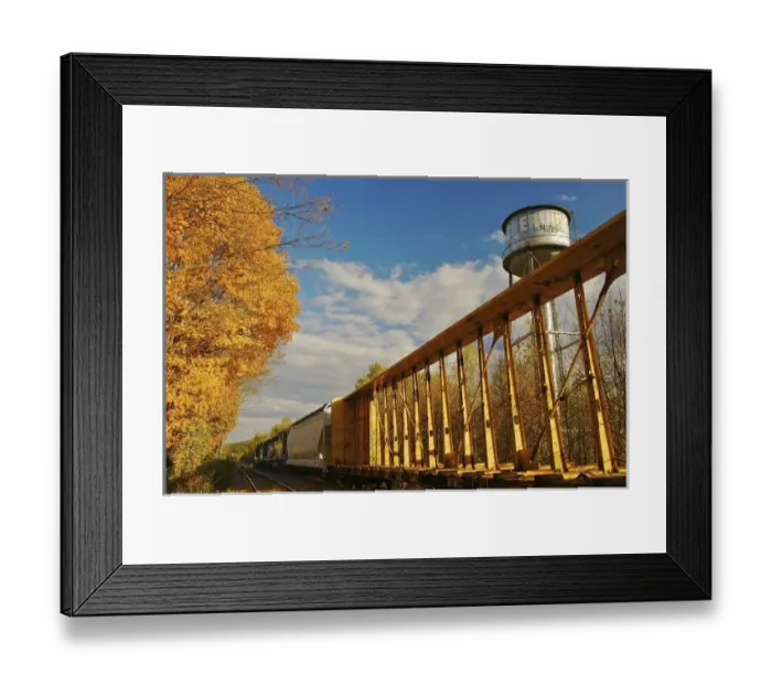 Framed Print : North America, USA, Massachusetts, Erving. Train, water tower, and fall foliage