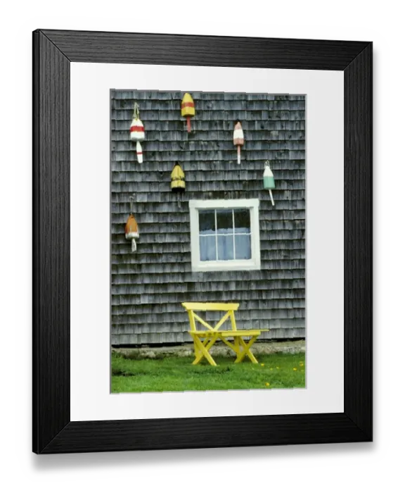 Framed Print : USA, Maine, Boothbay Harbor. Buoys decorate a shingled wall in Boothbay Harbor, Maine Framed Print : USA, Maine, Boothbay Harbor. Buoys decorate a shingled wall in Boothbay Harbor, Maine