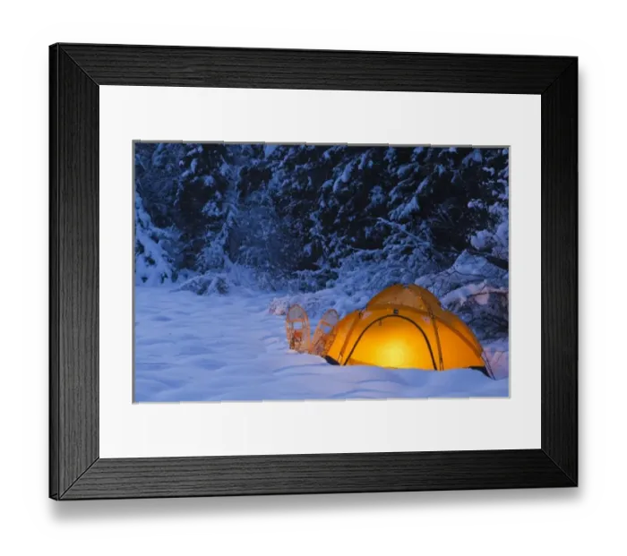Framed Print : Tent glows at dusk during winter camping near West Glacier, Montana, USA Framed Print : Tent glows at dusk during winter camping near West Glacier, Montana, USA