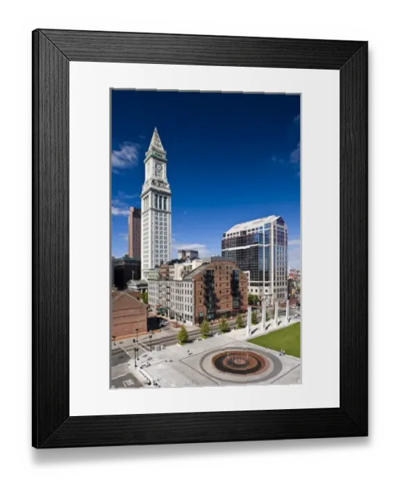 Framed Print : USA, Massachusetts, Boston. Atlantic Avenue Greenway and Customs House, elevated view Framed Print : USA, Massachusetts, Boston. Atlantic Avenue Greenway and Customs House, elevated view