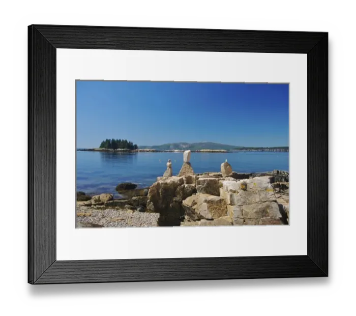 Framed Print : USA, Maine, Schoodic Peninsula. Stacked stones on top of rocks, calm ocean waters Framed Print : USA, Maine, Schoodic Peninsula. Stacked stones on top of rocks, calm ocean waters