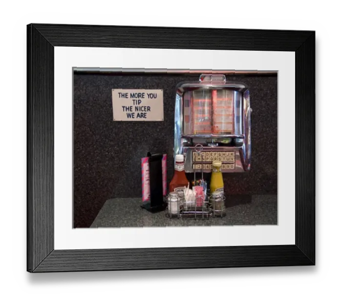 Framed Print : USA, Illinois, Chicago. Old-time tableside jukebox and humorous sign at a nostalgic diner Framed Print : USA, Illinois, Chicago. Old-time tableside jukebox and humorous sign at a nostalgic diner