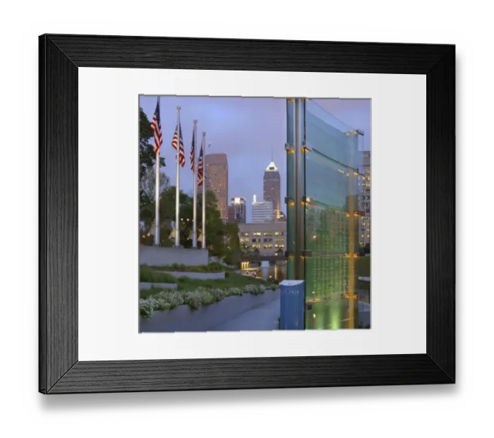 Framed Print : USA, Indiana, Indianapolis. View of downtown from the canal veterans memorial