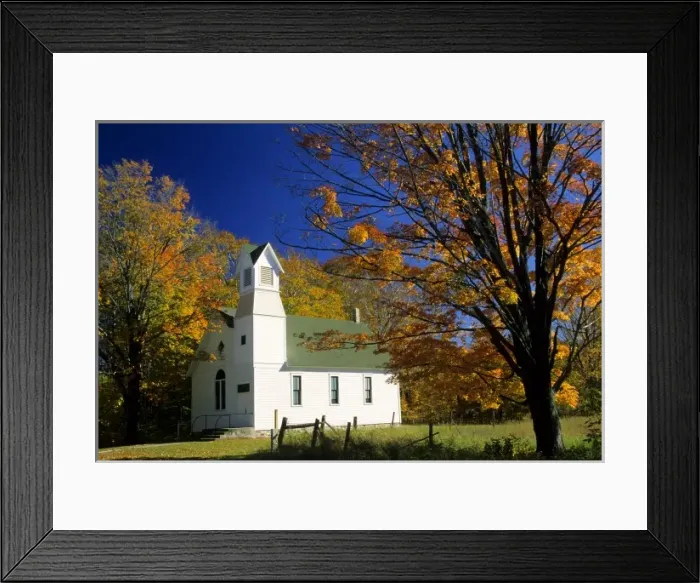 Framed Print : USA, Michigan, Bliss. Pioneer Memorial Church and autumn trees