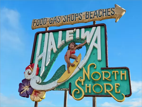 Sign for Haleiwa town on north shore of Oahu, Hawaii
