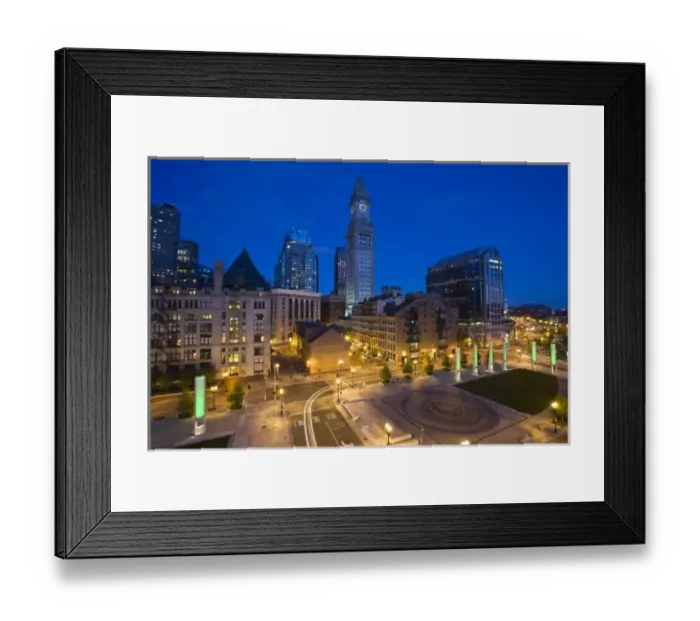 Framed Print : USA, Massachusetts, Boston. Atlantic Avenue Greenway and Customs House, elevated view, dawn Framed Print : USA, Massachusetts, Boston. Atlantic Avenue Greenway and Customs House, elevated view, dawn