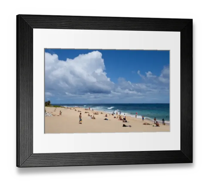 Framed Print : Honolulu, Hawaii. People on white sand of Sandys Beach Park in Oahu