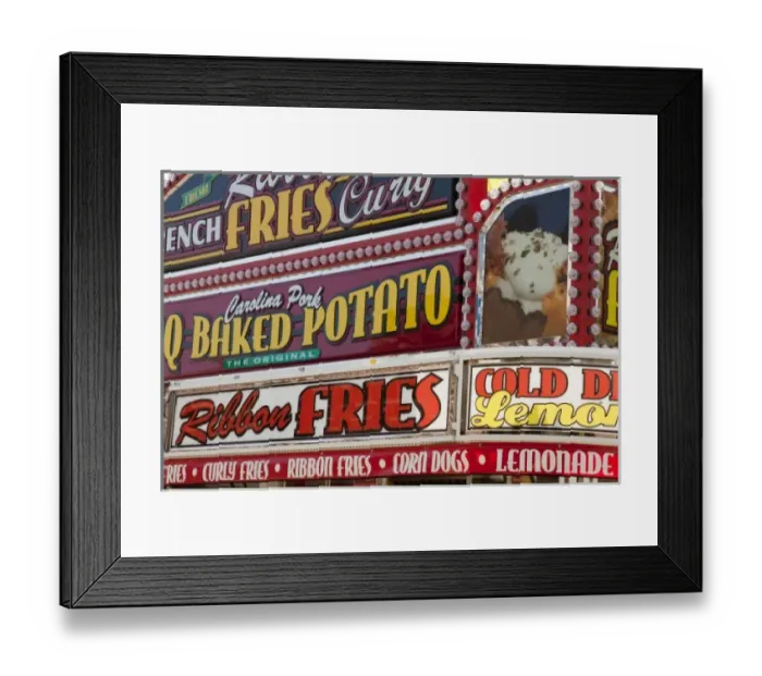 Framed Print : USA, Indiana, Indianapolis. Food vendor signs at the Indiana State Fair