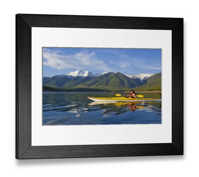 Framed Print : Kayaking on Hungry Horse Reservoir with Great Northern Mountain in background in Framed Print : Kayaking on Hungry Horse Reservoir with Great Northern Mountain in background in
