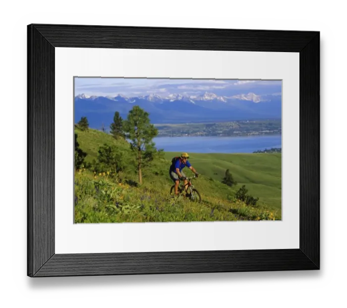 Framed Print : Mountain biker on South Ridge Trail above Flathead Lake and Mission Mountains (MR) Framed Print : Mountain biker on South Ridge Trail above Flathead Lake and Mission Mountains (MR)