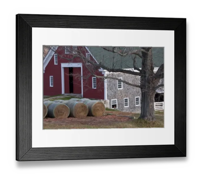 Framed Print : USA, Maine, New Gloucester. Hay bales sitting outside a barn at Shaker Village
