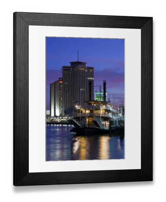 Framed Print : USA, Louisiana, New Orleans. World Trade Center, riverboat and Mississippi Riverfront, dusk Framed Print : USA, Louisiana, New Orleans. World Trade Center, riverboat and Mississippi Riverfront, dusk