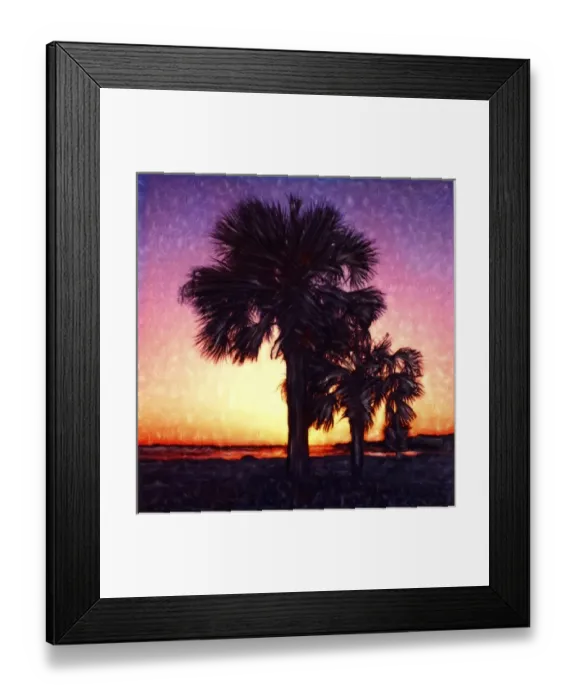 Framed Print : USA, Georgia, Cumberland Island. Sunset over palm trees. Polaroid SX70 Manipulation