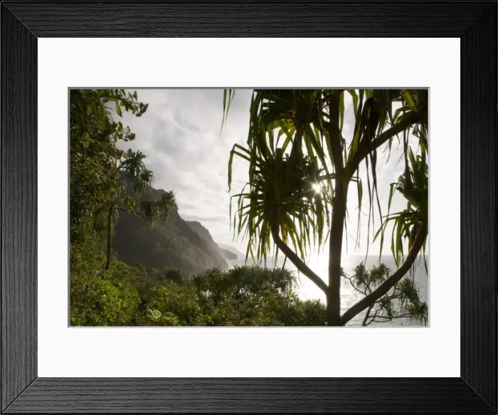 Framed Print : USA, Hawaii, Kauai Island, Na Pali Coast State Park, Setting sun lights tropical