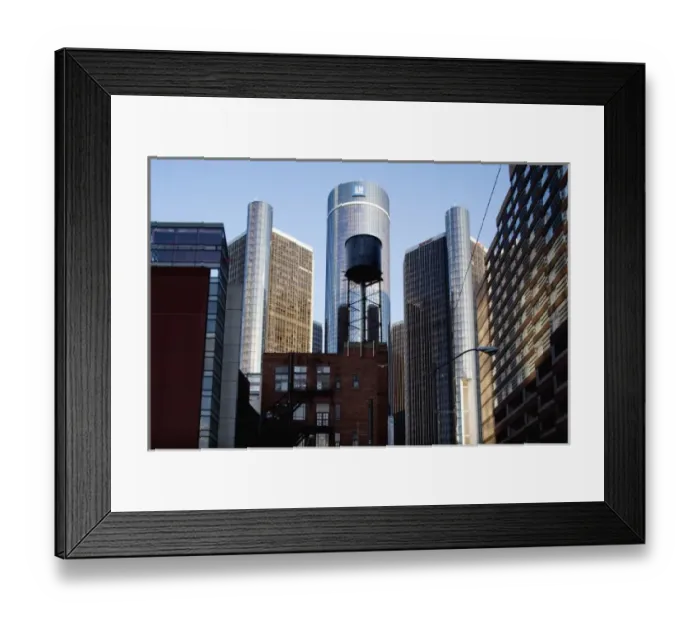 Framed Print : USA, Michigan, Detroit, Old apartment water tower and General Motors corporate headquarters Framed Print : USA, Michigan, Detroit, Old apartment water tower and General Motors corporate headquarters