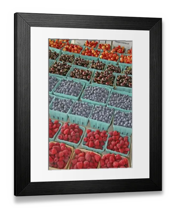 Framed Print : Cherries blueberries strawberries at farmers market in South Haven Michigan Framed Print : Cherries blueberries strawberries at farmers market in South Haven Michigan