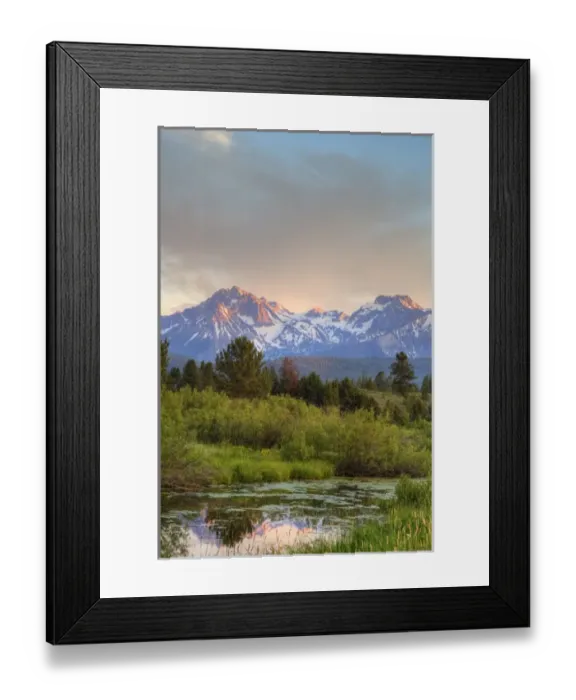 Framed Print : Sawtooth mountains reflect in small wetlands near Stanley Idaho