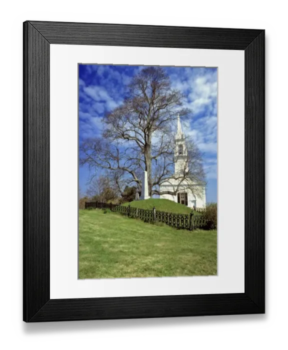 Framed Print : USA, Maine, Lincoln Co. An elegant, tall-steepled church shares a plot with a stately Framed Print : USA, Maine, Lincoln Co. An elegant, tall-steepled church shares a plot with a stately