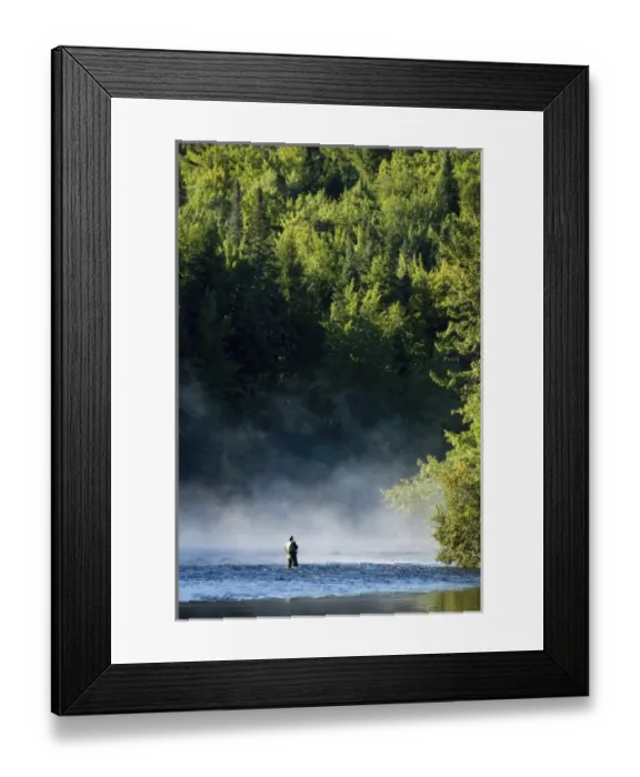 Framed Print : Fly-fishing in the early morning mist on the Androscoggin River just below the dam in Errol, NH