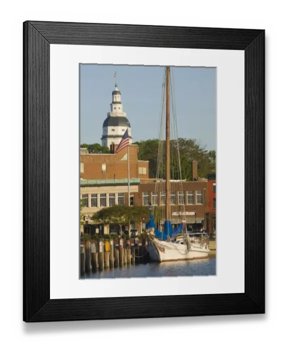 Framed Print : Annapolis city docks, viewed from mouth of Severn River, historic State Capitol Building Framed Print : Annapolis city docks, viewed from mouth of Severn River, historic State Capitol Building