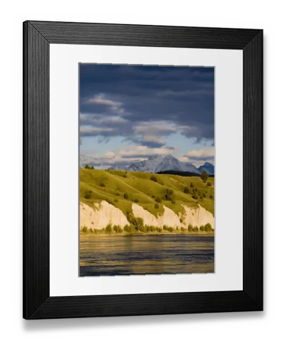 Framed Print : Clay Cliffs reflect into the Flathead River with Mission mountains in the background Framed Print : Clay Cliffs reflect into the Flathead River with Mission mountains in the background