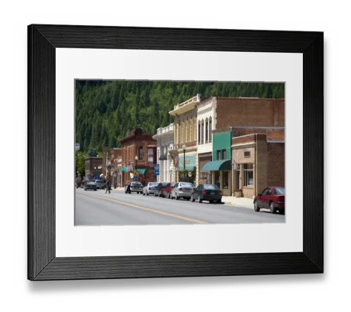 Framed Print : Main street and old brick buildings in the small town of Wallace, Idaho