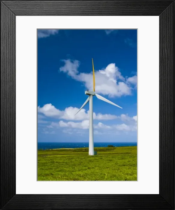 Framed Print : USA, Hawaii. Single windmill with Pacific Ocean and puffy clouds in background