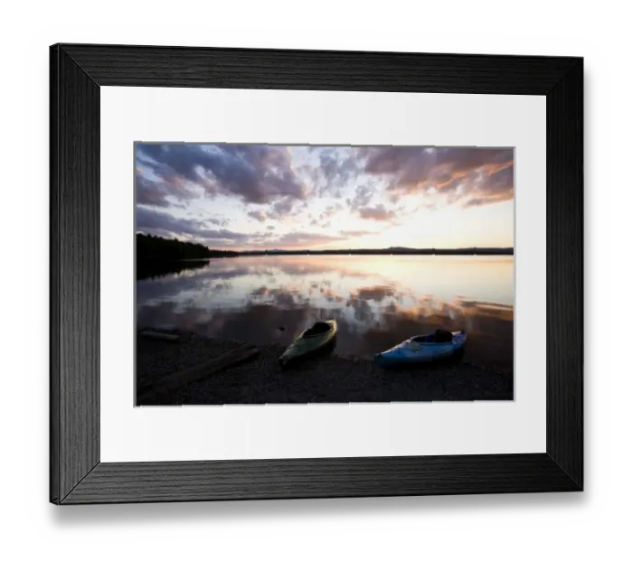 Framed Print : Kayaks at sunset on the shore of the Indian Pond section of the Kennebec River near Framed Print : Kayaks at sunset on the shore of the Indian Pond section of the Kennebec River near