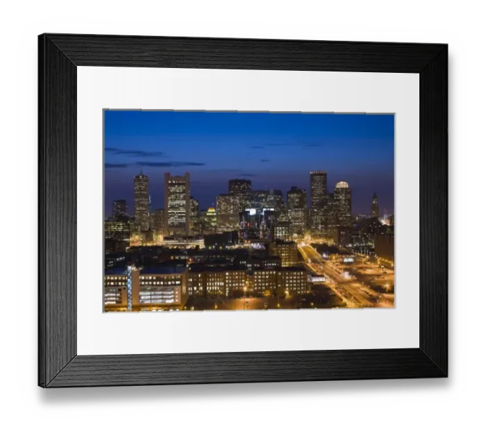 Framed Print : USA, Massachusetts, Boston. Financial District from South Boston, elevated view, dusk Framed Print : USA, Massachusetts, Boston. Financial District from South Boston, elevated view, dusk