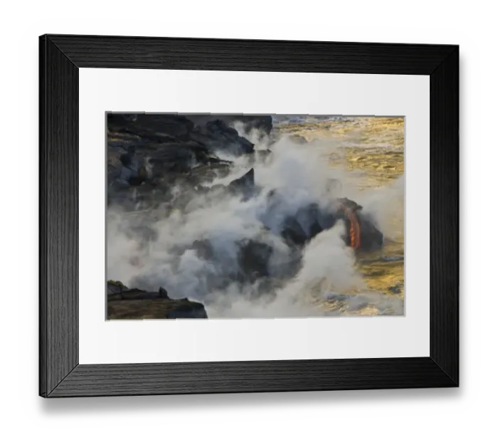 Framed Print : USA. Molten lava flows into the ocean at sunrise in Volcanoes NP on the Big Island of Hawaii Framed Print : USA. Molten lava flows into the ocean at sunrise in Volcanoes NP on the Big Island of Hawaii