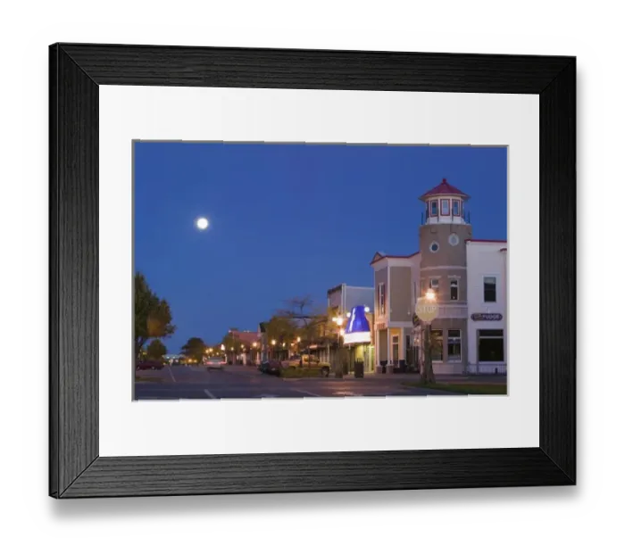 Framed Print : USA, Michigan, Straits of Mackinac: Mackinaw City, Shops along Central Avenue / Pre, Dawn Framed Print : USA, Michigan, Straits of Mackinac: Mackinaw City, Shops along Central Avenue / Pre, Dawn